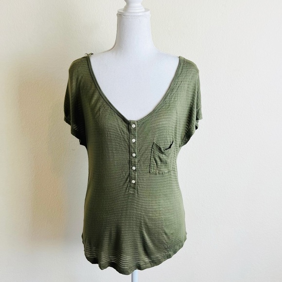UO Coincidence & Chance Olive Green Burnout Stripe Button Up Short Sleeve Top